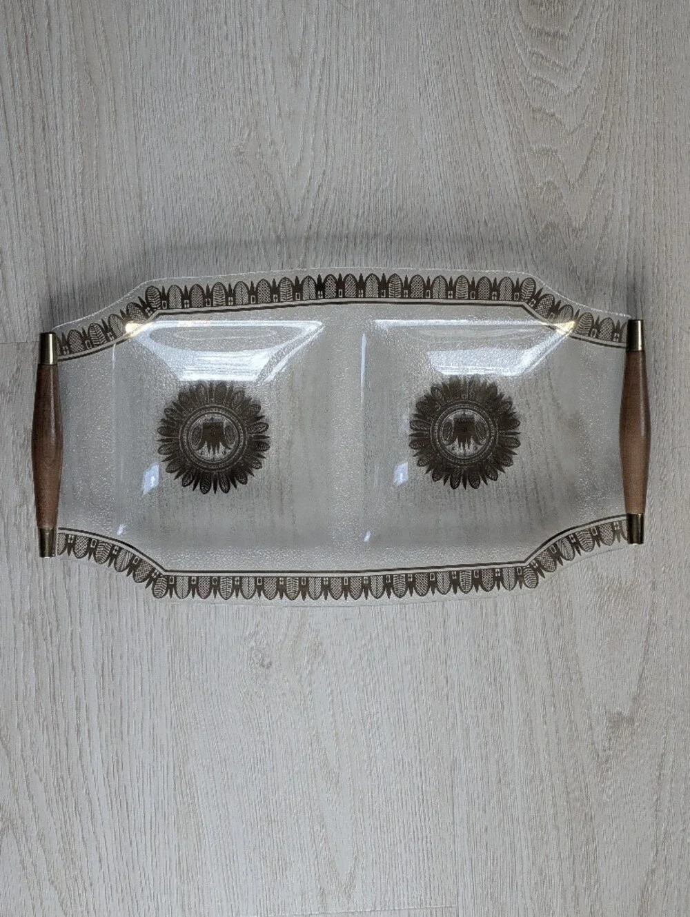 Vintage Georges Briard Glass Tray, Teak Handles, Gold & Brown Design.